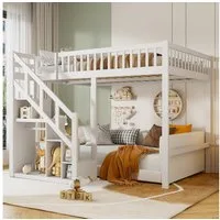 Furnishings Home Hochbett Stauraumbett Kinderbett Holzbett Mit Treppe, Absturzsicherung, Erholungsgebiet, 140x200 cm