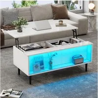 Merax Couchtisch hochglanz Sofatisch höhenverstellbarer Beistelltisch mit LED (1-St., 105x50x43 cm), Wohnzimmertisch mit verstecktem Stauraum,Glasschiebetür,Displayfläche