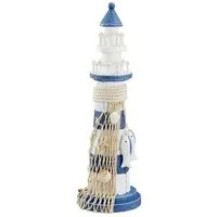 Macosa Home Dekofigur Badezimmer-Dekoration mit Muscheln Baddeko Bad Deko (Gartenhaus Terrasse Balkon, Sommerdeko), Deko Leuchtturm Holz zum aufstellen Blau Weiß maritim