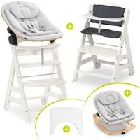 Hauck Hochstuhl Beta Plus White Newbornset Eco - Light Grey (Set), Holz Babystuhl ab Geburt mit Neugeborenensufsatz, Sitzkissen, Essbrett