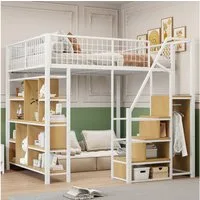 Flieks Hochbett Metallbett Kinderbett 140x200cm mit Stauraumtreppe und Ablageregal