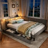 Simurq Polsterbett Daybett mit LED-Beleuchtung und USB, Schlafsofa Tagesbett Jugendbett (1 tlg, ohne Matratze), Sofabett, Doppelbett mit Lattenrost, Samtstoff, 140x200 cm