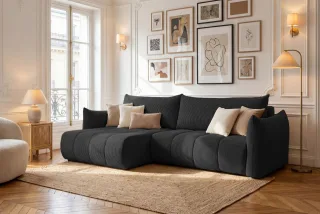 Ecksofa Schlafsofa ONTARIO in Stoff Poso Schwarz Ottomane Links