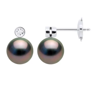 Ohrringe Schmuck Prestige Diamanten 0,06 cts – GESCHLOSSENES SET 2 x 0,03 cts – mit echten Tahiti-Zuchtperlen, rund 8–9 mm