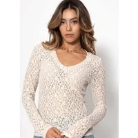 SASSYCLASSY Langarmshirt Spitzenshirt mit V-Ausschnitt für Damen Elegantes Langarmshirt mit floralem Muster in leichter Transparenz
