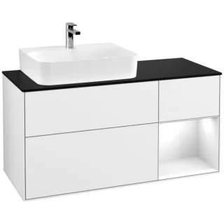 Villeroy und Boch Finion Waschtischunterschrank F152GFGF 120cm, Abdeckplatte black matt, Regal rechts Glossy white lacquer, Glossy white lacquer