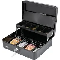 HMF Geldkassette 15230-02 Geldkassette abschließbar mit Münzeinsatz, und 4 Scheinfächer mit Klammer 30 x 24 x 9 cm Schwarz