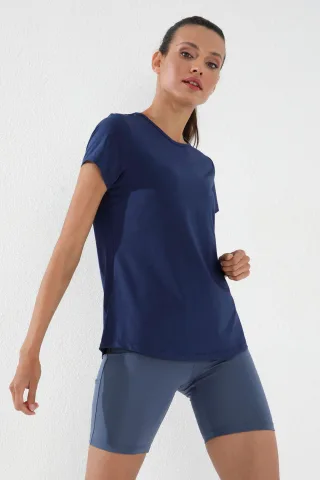 Damen Unifarben Kurzarm Rundhals T-Shirt