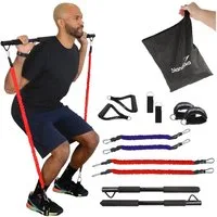 Skandika Trainingsbänder Multi-Widerstandsbänder mit Stange, Pilates Bar mit Resistance Bands, Krafttraining, 3 Widerstandsstufen, Online Trainingsguide,viel Zubehör