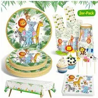 POPOLIC Einweggeschirr-Set 134 Stück Dschungel Safari Partygeschirr Set (2-tlg), 25 Personen, Kindergeburtstag Geburtstag Deko Wild One Partyzubehör Babyparty Set