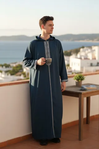 Herren Blaue Eid Kapuzen marokkanische Thobe Robe Djellaba Gandoura Ramadan Jubba LFS- HM3