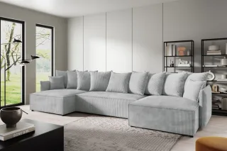 Wohnlandschaft mit Schlaffunktion MINEA Sofa U-Form in Stoff Poso Hellgrau