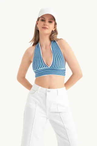 Gestreiftes tiefes V-Ausschnitt Halter rückenfreies Crop Top