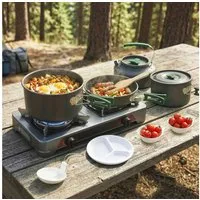 Outsunny Geschirr-Set Camping Kochgeschirr Set mit Anti-Verbrühungsgriffen Topf Pfanne (15-tlg), 5 Personen, Aluminium, Edelstahl, für Outdoor Wandern Picknick BBQ Grau