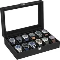SONGMICS Uhrenbox 12 Fächern, Uhrenkasten, Premium-Uhrenschatulle, 20,2 x 30,2 x 7,8 cm, herausnehmbaren Uhrenkissen, PU-Bezug in Schwarz,Samtfutter in Schwarz