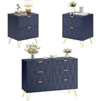 UEV Schlafzimmer-Set, 3er-Set Schlafzimmermöbel, Sparset Jugendzimmer-Set, (Kommode mit 6 Schubladen und 2er-Set Nachttisch, Modern Linienmuster, Skandinavisch Goldene Griffe und Füße), Schublade mit Soft-close, Sideboard mit Kisppschutz