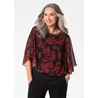 GOLDNER Klassische Bluse Kurzgröße: Florale Printbluse, U-Boot-Ausschnitt Chiffonbluse mit Glitzersteinen und weiten 3/4-Ärmeln