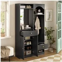 STILVORA Garderoben-Set mit Spiegel und Sitzbank Flurgarderobe Kompaktgarderobe Flurmöbel, (Garderobenset mit Spiegel, Sitzbank, Ablagen und Stauraumfächern, MDF-Korpus, LED-Beleuchtung, verstellbare Böden, Eisengriffe), für Flur, Eingangsbereich, Di
