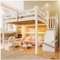 Flieks Hochbett Kinderbett 140x200cm mit LED-Beleuchtung und Stauraumtreppe