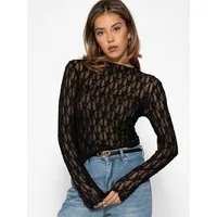 SASSYCLASSY Langarmshirt Langarm Spitzenshirt für Damen Figurbetontes Shirt aus transparenter Spitze mit floralem Muster