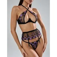 Elegant Love Set: Bügel-BH Sexy Dessous-Set, Unterwäsche-Set (Set, 3-tlg., Spitze Bralette BH, G-String, Strumpfhalter) Lingerie-Set, Reizwäsche