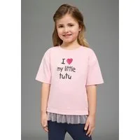 KIDSWORLD T-Shirt mit Glitzerprint und Tüll-Saum: I love my little tutu Basic Passform, Kurzarm, mit Volant aus Polyester