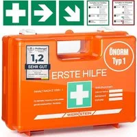 Werkstein Erste-Hilfe-Koffer ÖNORM Z1020 Typ1 - Verbandskasten inkl. praktischer Wandhalterung, (5x Aufkleber, Gesichtsmasken, Feuchttücher & Plombe, 1 St), - Erste Hilfe Koffer für Betriebe, Einrichtungen & Zuhause