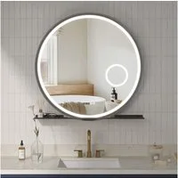 AQUABATOS Badspiegel Badezimmerspiegel rund 80 cm mit LED Beleuchtung dimmbar und Ablage, Wandspiegel,Beschlagfrei,3-Fach Vergrößerung Kosmetikspiegel,Uhr,IP44