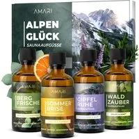 Amari Sauna-Aufgussset Saunaaufguss Set Alpenglück – natürliche Saunadüfte (4-tlg Saunaduftöl Set, 4-tlg., Naturreine Ätherische Öle) 4 verschiedene Düfte - 100ml je Flasche