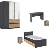 rauch Jugendzimmer-Set Komplettzimmer Schlafzimmer-Set (5-St) Jugendzimmer-Set JOEL, (Set, 5-tlg., Bett 90x200 oder 140x200 cm, Ausstattungspakete BASIC/CLASSIC/PREMIUM), Bett 2 Breiten,Nachttisch,Tisch,Rollcontainer,Schrank MADE IN GERMANY