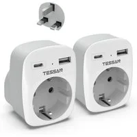 TESSAN 2 Stück klappbarer 3-in-1 Reiseadapter für UK-Stecker in EU-Steckdosen Reiseadapter AC Buchse, USB A, USB C, Typ G Buchse zu UK Plug (Typ G), 3250W UK Adapter mit USB C und USB A, Stromadapter für Irland Dubai