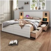 OKWISH Polsterbett Bettanlage mit Stauraum (Doppelbett, Holzbett, 1-tlg., 180×200cm, Ohne Matratze), mit 2 Schubladen, 2 Nachtkommode, Leselicht&USB Ladefunktion