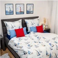 Janine Bettwäsche Mako-Baumwolle, Mako-Satin, 2 teilig, Segelboote, maritim, blau