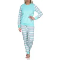 Normann Pyjama Geringelter Damen Frottee Schlafanzug langarm Pyjama mit Eiskristall