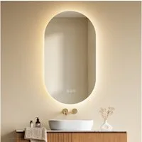 EMKE Badspiegel Oval mit LED-Beleuchtung, dimmbar, 3 Lichtfarben und Antibeschlag, 5mm kupferfrei Touch Memory IP65