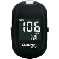 GlucoMen Blutzuckermessgerät areo Blutzucker mmol/l oder mg/dl, Spar-Set, Diabetestherapie Überwachung, Temperaturkompensation, Autocodierung, 700 Speicherplätze, Beleuchtetes Display, große Ziffern