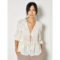 Apricot Rüschenbluse Besticktes Chiffon-Oberteil mit Blumenmuster mit Stickerei