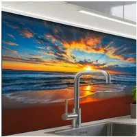 KitchenYeah Küchenrückwand selbstklebend Meer - Sonnenuntergang - Strand - Wolken - Orange, (1-tlg), Spritzschutz, Küche, Rückwand, Küchenwand, Küchenfront, 80x60 cm