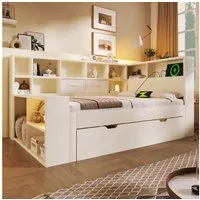 OKWISH Stauraumbett Bett 90x200 cm mit Ausziehbett und USB-/Type-C-Anschlüssen (Holzbett, Funktionsbett, 1-tlg., Großzügiger Stauraum, hochwertigen Platten), Platzsparendes Doppel- & Jugendbett