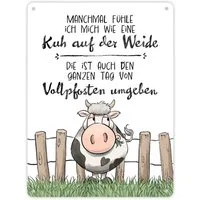 speecheese Metallschild Kuh Metallschild XL in 21x28 cm mit Spruch Von Vollpfosten umgeben