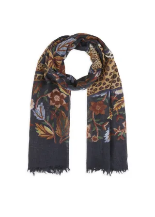 Edler Schal aus Wolle mit Leopard- und Blumen-Motiven blau