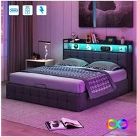 Gdood Polsterbett Stauraumbett Doppelbett LED (1 tlg., Inkl. Bettkasten), Mit LED-Beleuchtung, Ladefunktion,Leinen, 140x200 cm