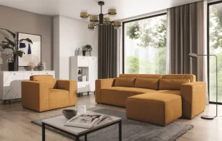 Ecksofa Schlafsofa inkl. Sessel WALDO Stoff Poso Senfgelb Ottomane Rechts