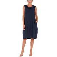 dy_mode Midikleid Damen Leinenkleid Luftiges Midi Sommerkleid Ballonkleid Strandkleid in Unifarbe, Wasserfallkragen, mit seitlichen Eingriffstaschen