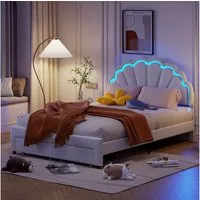PXloue Polsterbett Kinderbett Jugendbett (Kopfteil hochstellbar), Doppelbett,Cloud-Kopfteil,mit LED-Beleuchtung und Lattenrost,140x200cm