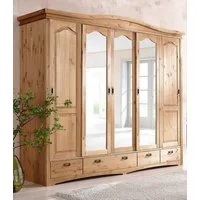 OTTO home Schiebetürenschrank Konrad, Landhausstil, rustikal, mit Schubladen + Spiegel, Kassetten (B/H/T ca. 249 cm x 207 cm x 64 cm) massive Kiefer, FSC®-zertifiziert, Messinggriffe