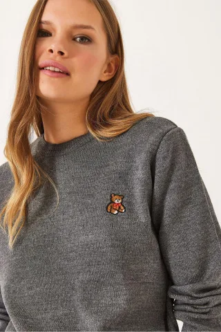 Gestickter Rundhalsausschnitt Pullover