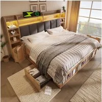 BlingBin Holzbett Systembett in Eicheoptik mit LED-Polsterkopfteil (1-tlg., Struraumbett mit USB/USB‑C Ladefunktion, 2 rollbare Nachttische), Holzlattenrost – 160x200, Stauraum & Rollschubladen(ohne Matratze)
