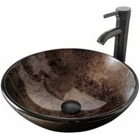 Puluomis Aufsatzwaschbecken Waschbecken Set mit Wasserhahn und Ablaufgarnitur Rund Braun Schwarz, Handgezeichnet Waschschale, Waschplätze für Badezimmer Küche WC