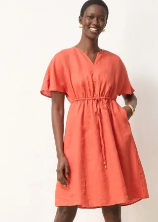 bonprix Kleid aus reinem Leinen, rot, Gr.40, sommerliches Leinen-Kleid mit Raffung in der Taille, aus Leinen